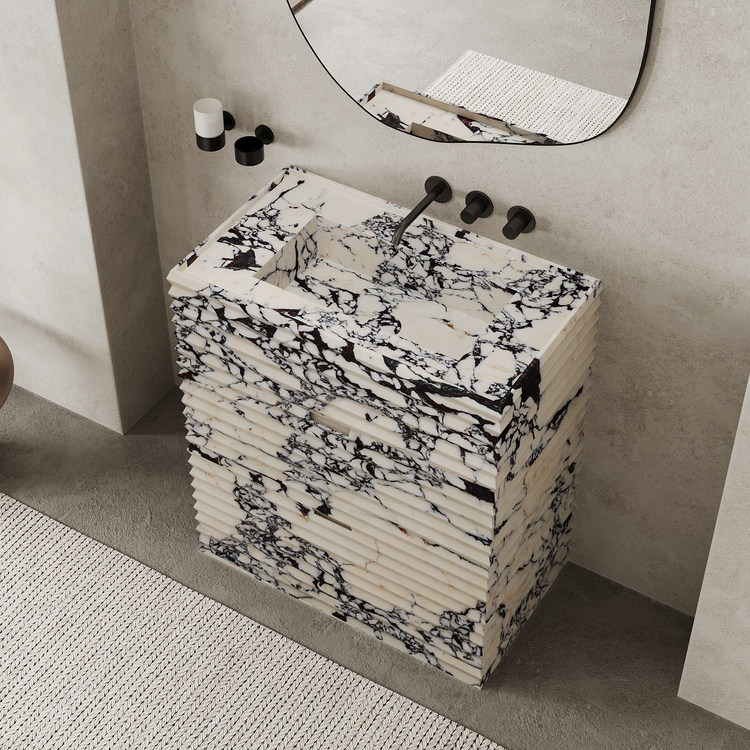 Njord single basin ribbed marble vanity medium in Calacatta Viola