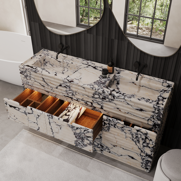 Njord vanity open drawer detail in Calacatta Viola