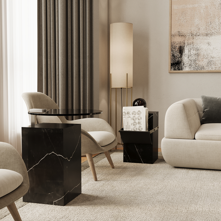 Aarhaus marble side table lifestyle view in Black Eagle