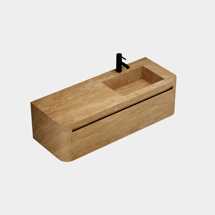 Lyke single wall-mounted vanity right side basin side view in Beige Travertine
