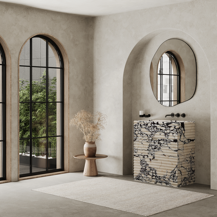 Njord single vanity medium lifestyle view in Calacatta Viola