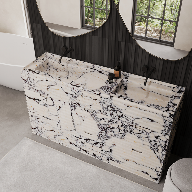 Njord ribbed marble double basin vanity in Calacatta Viola
