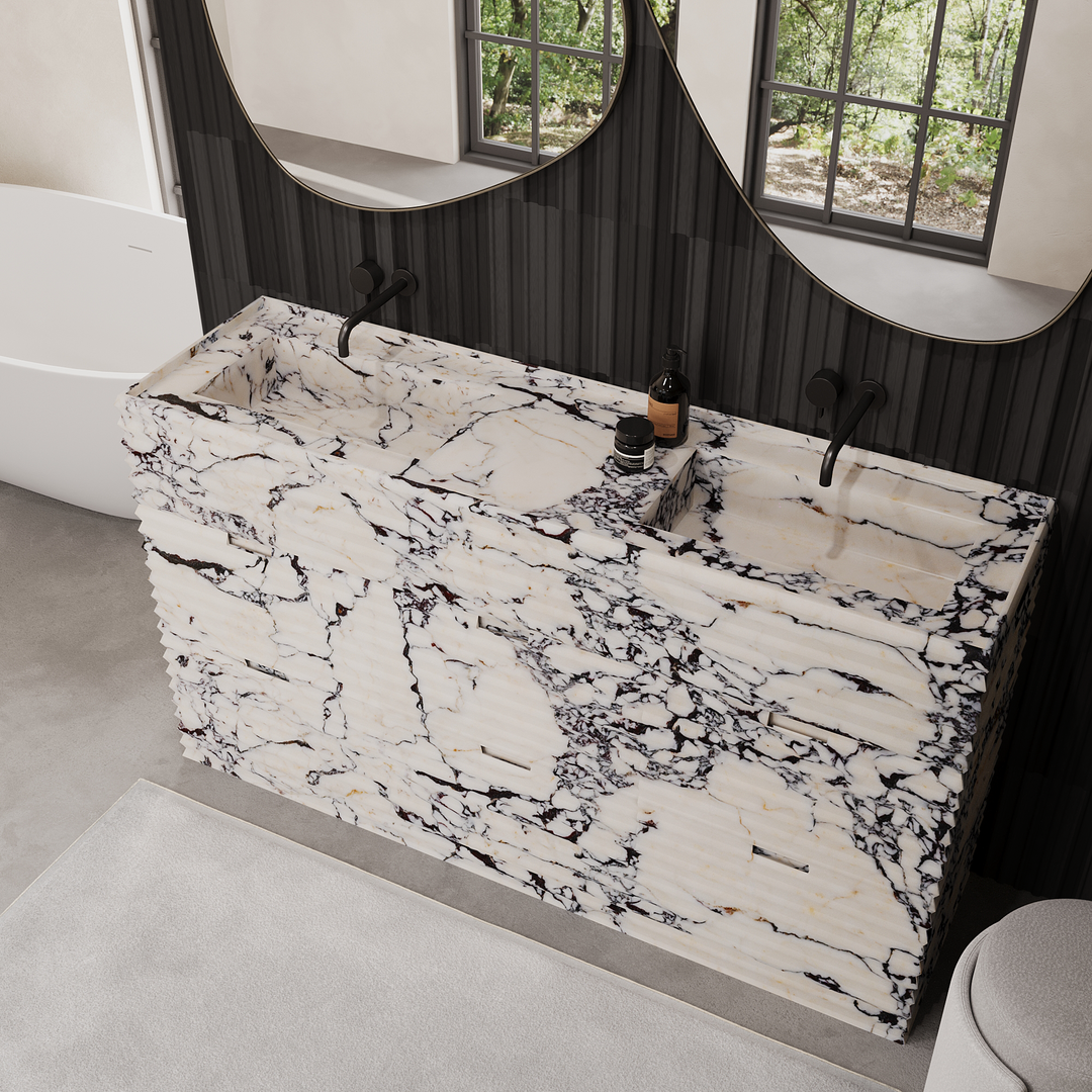 Njord - Ribbed Marble - Double Basin Bathroom Vanity - Calacatta Viola