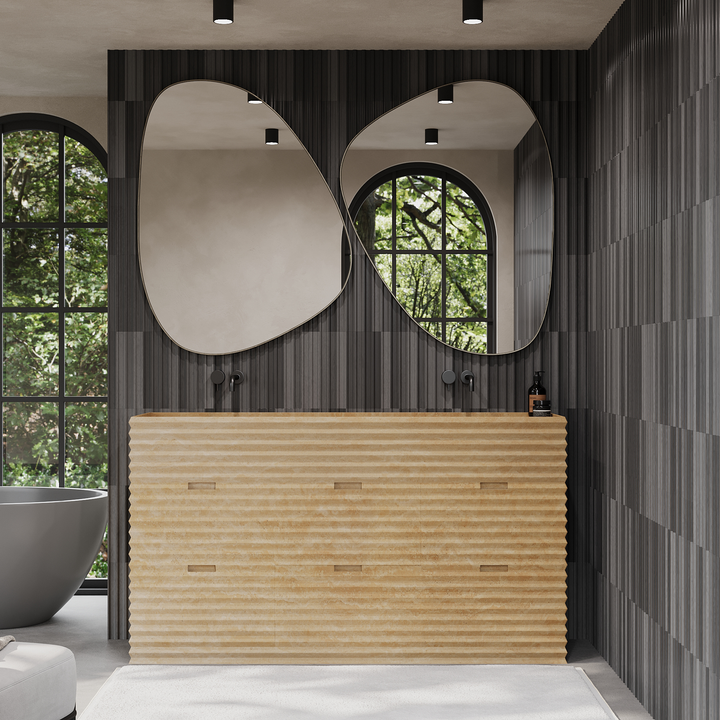 Njord ribbed marble vanity in luxury bathroom interior Beige Travertine