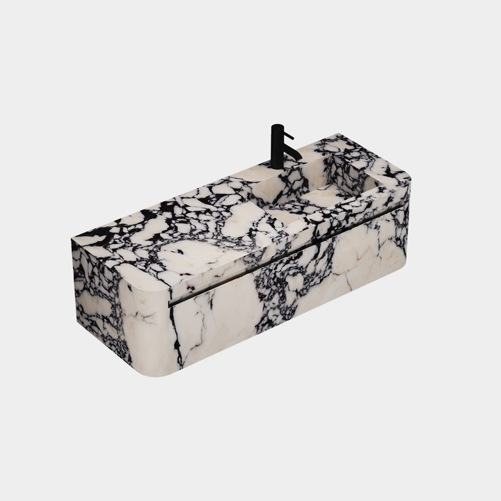 Lyke single wall-mounted vanity right side basin side view in Calacatta Viola