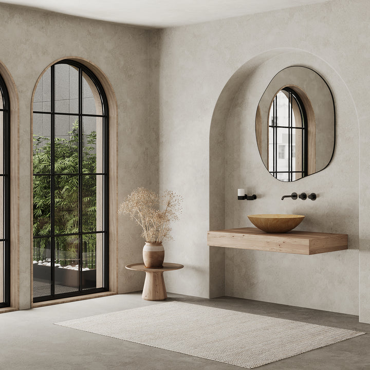 Maiken round basin lifestyle view in Beige Travertine