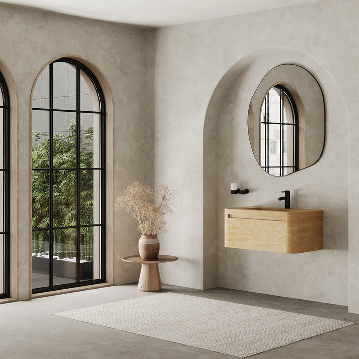 Lyke single wall-mounted vanity medium lifestyle view in Beige Travertine