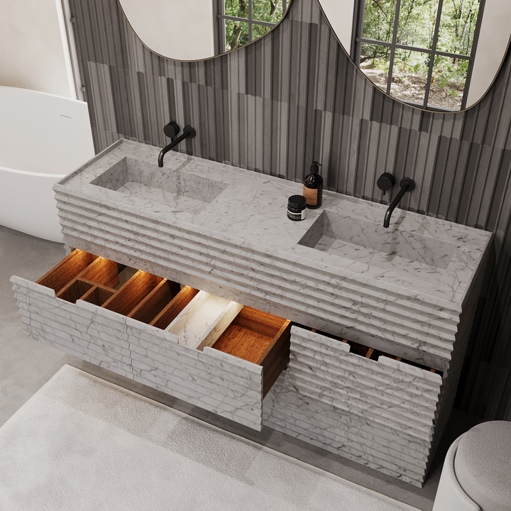Njord vanity open drawer detail in White Carrara