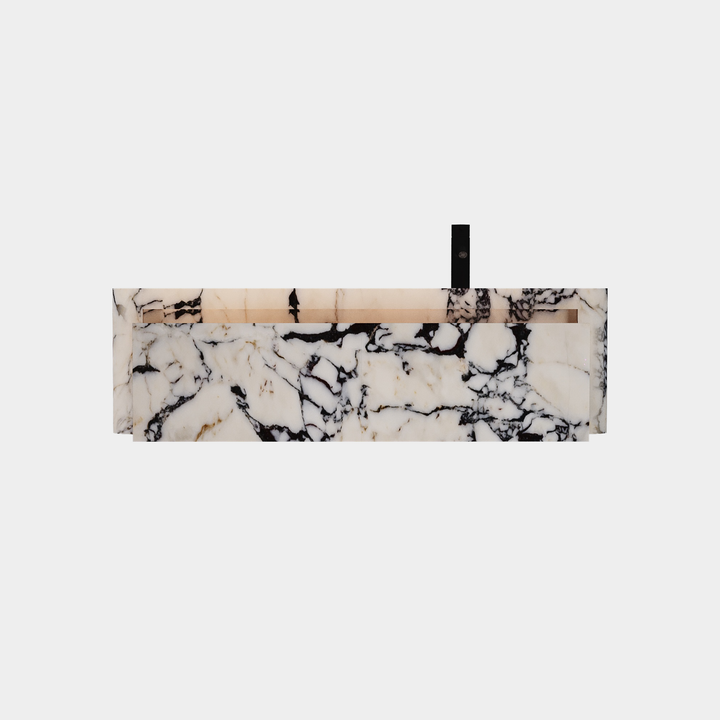 Lyke single wall-mounted vanity right side basin front view drawer open in Calacatta Viola