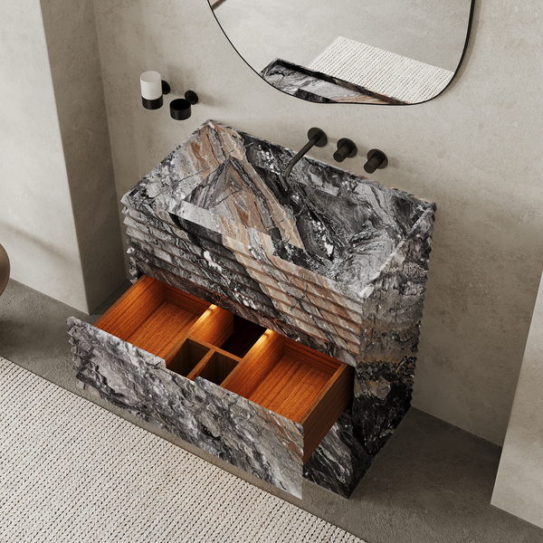 Njord single vanity medium drawers open in Grey Galaxy
