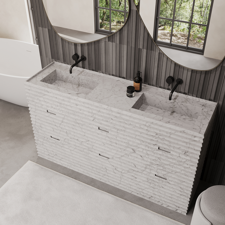 Njord - Ribbed Marble - Double Basin Bathroom Vanity - White Carrara