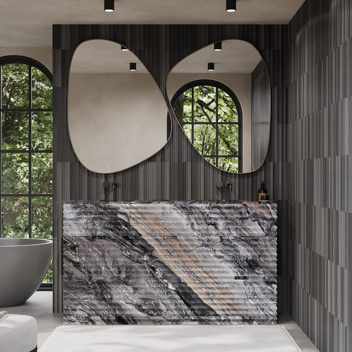 Njord double basin vanity front view in Grey Galaxy