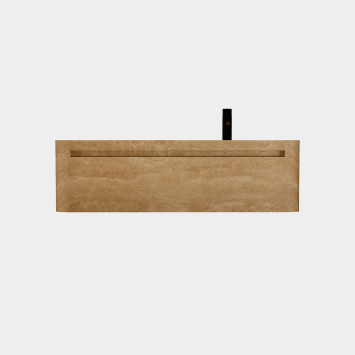Lyke single wall-mounted vanity right side basin front view in Beige Travertine