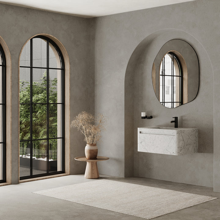 Lyke single wall-mounted vanity medium lifestyle view in White Carrara