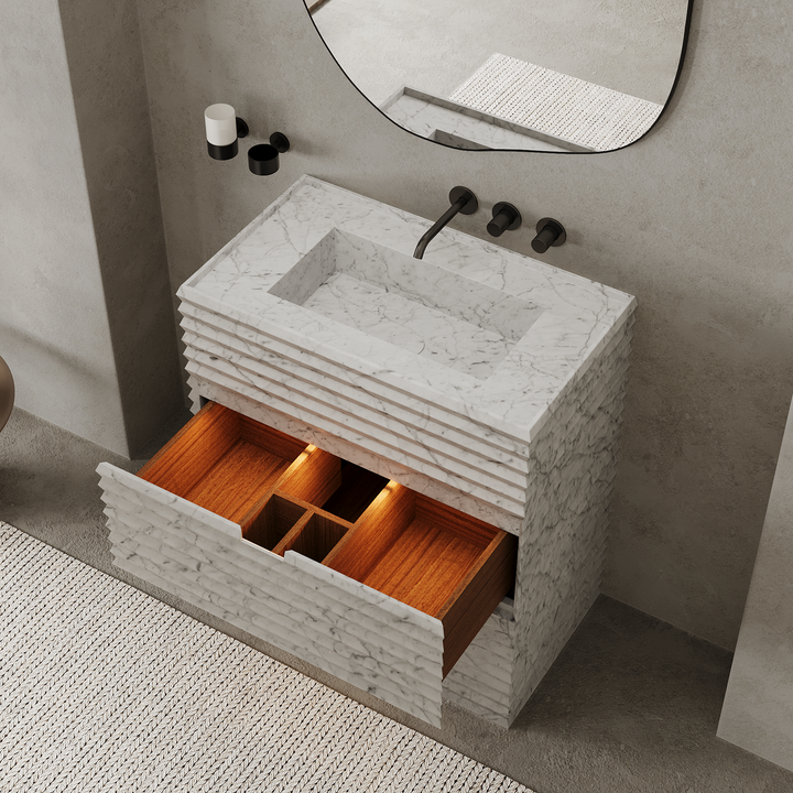 Njord single vanity medium drawers open in White Carrara