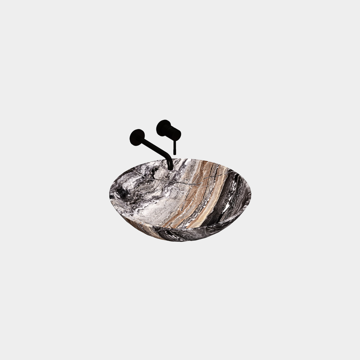 Maiken round marble basin side view in Grey Galaxy
