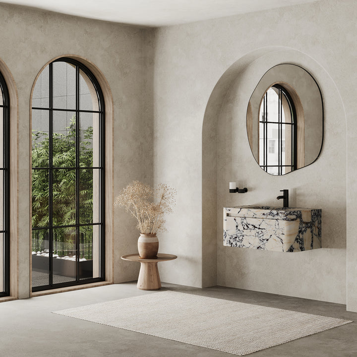 Lyke single vanity medium lifestyle view in Calacatta Viola