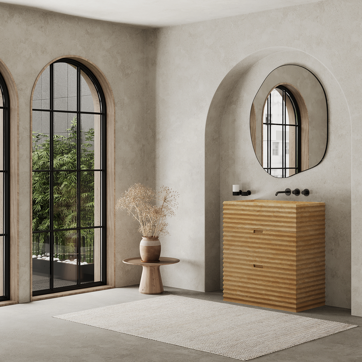 Njord single vanity medium lifestyle view in Beige Travertine