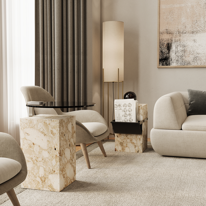 Aarhaus marble side table with storage pouch in Beige Breccia