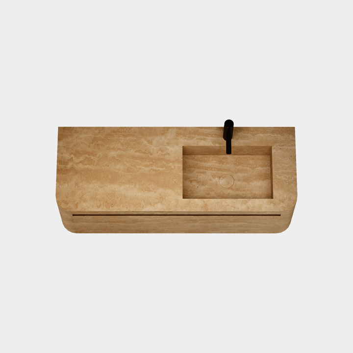 Lyke single wall-mounted vanity right side basin top view in Beige Travertine