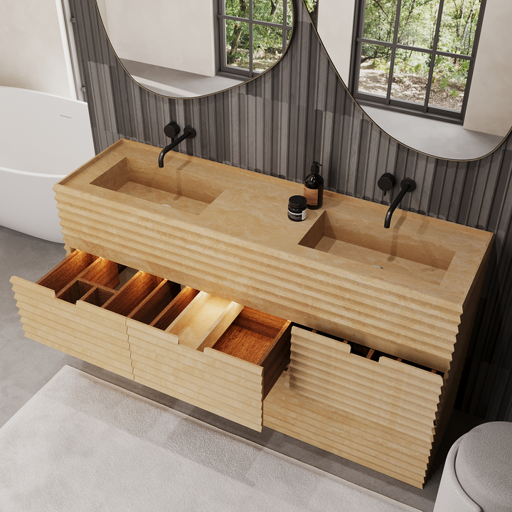 Njord vanity wide open drawer detail in Beige Travertine