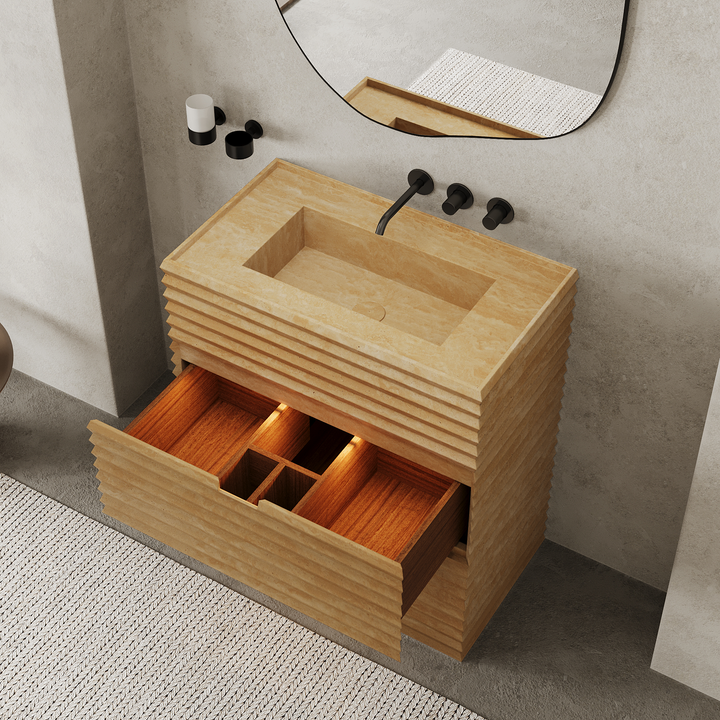 Njord single vanity medium drawers open in Beige Travertine