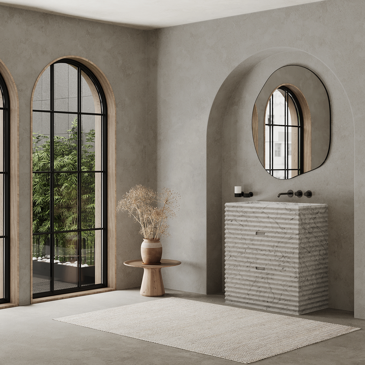 Njord single vanity medium lifestyle view in White Carrara