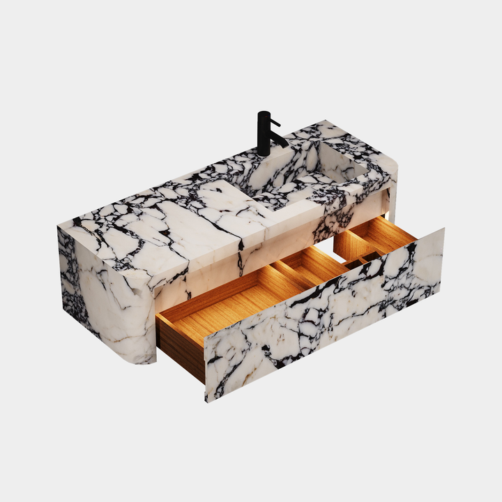 Lyke single wall-mounted vanity right side basin side view drawer open in Calacatta Viola