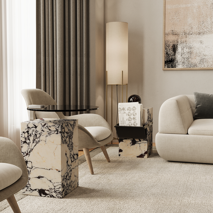 Aarhaus marble side table lifestyle view in Calacatta Viola