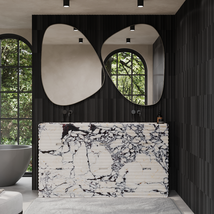 Njord double basin vanity front view in Calacatta Viola