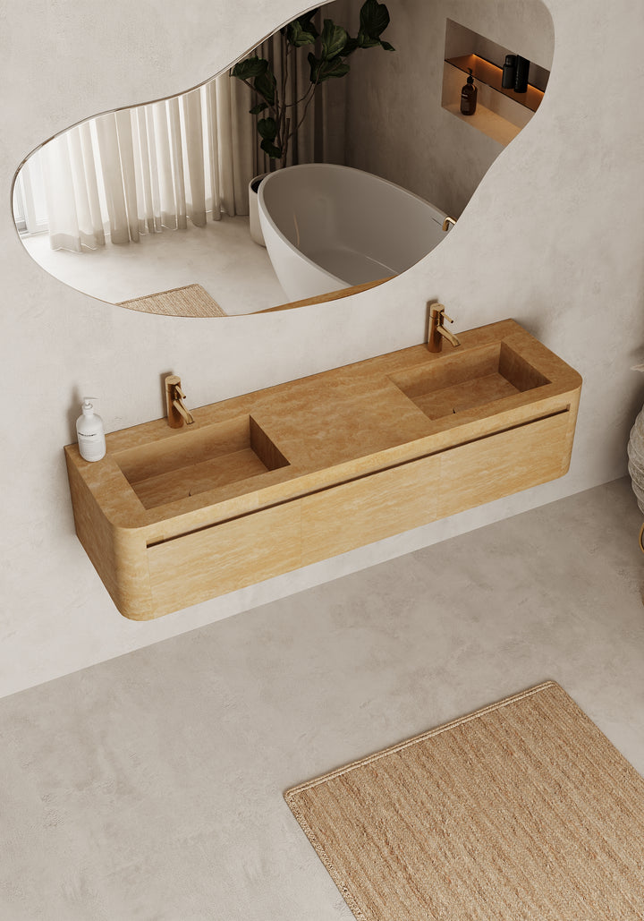 Lyke wall-mounted double basin marble vanity in Beige Travertine