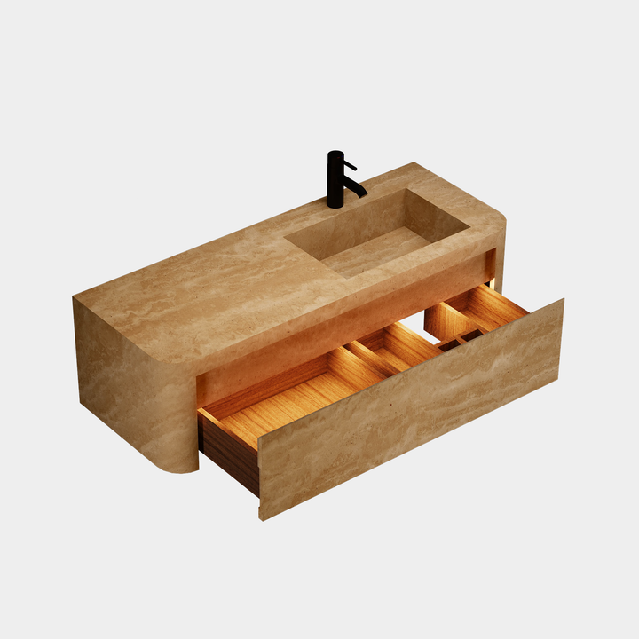 Lyke single wall-mounted vanity right side basin side view drawer open in Beige Travertine