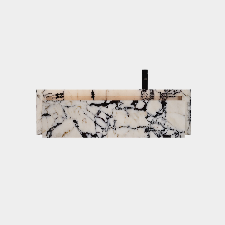 Lyke single wall-mounted vanity right side basin front view in Calacatta Viola
