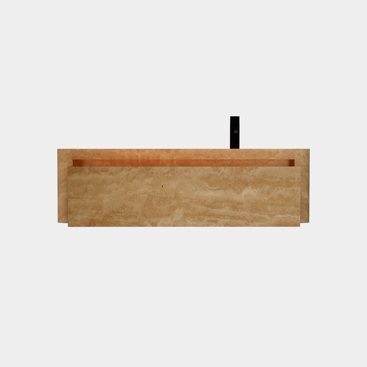 Lyke single wall-mounted vanity right side basin front view drawer open in Beige Travertine