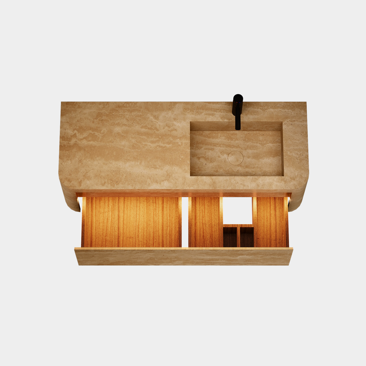Lyke single wall-mounted vanity right side basin top view drawer open in Beige Travertine
