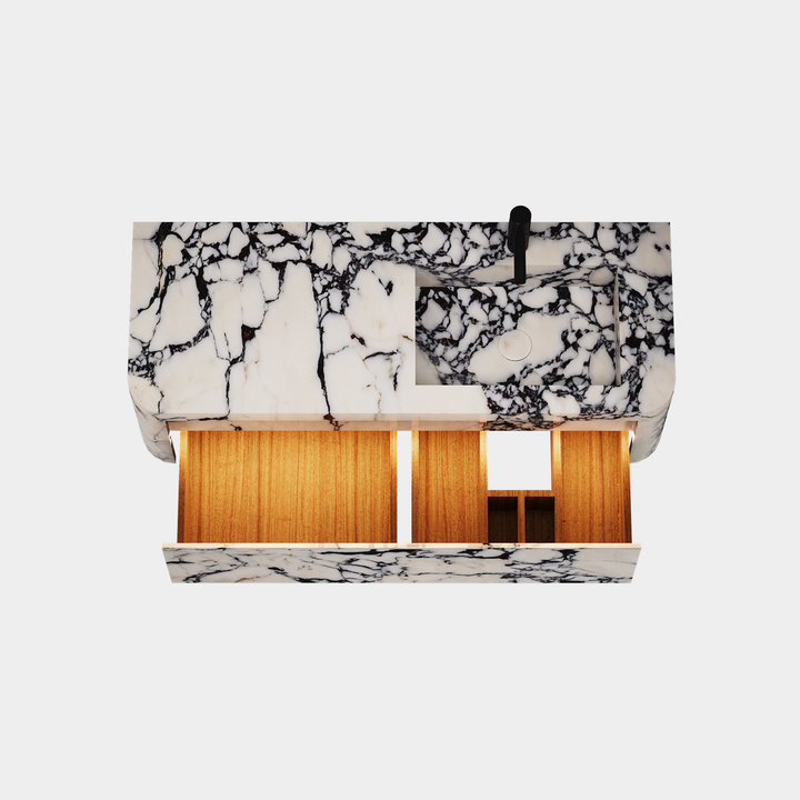Lyke single wall-mounted vanity right side basin top view drawer open in Calacatta Viola