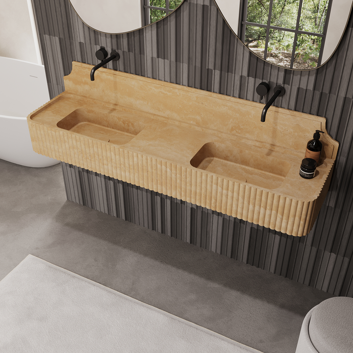 Skive ribbed marble double basin in Beige Travertine