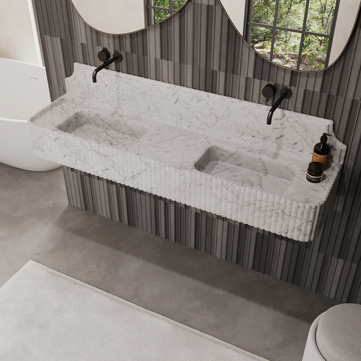Skive ribbed marble double basin in White Carrara