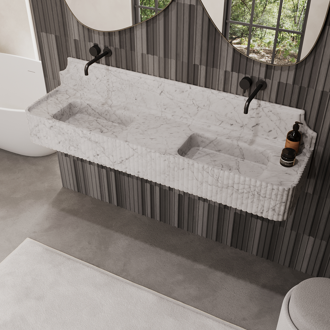 Skive - Ribbed Marble Double Basin - White Carrara