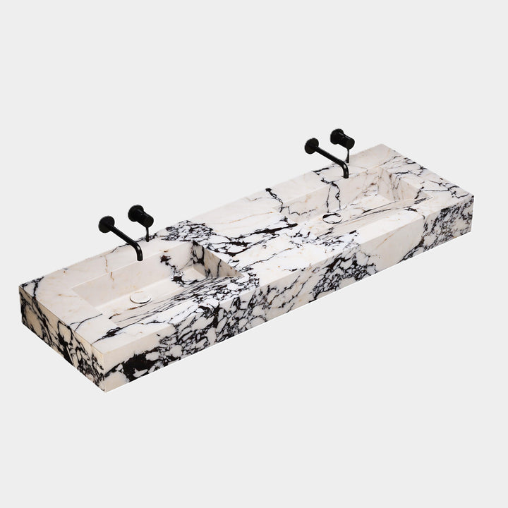 Skadi double marble basin side view in Calacatta Viola