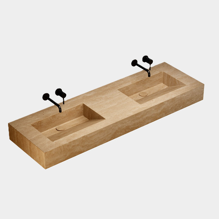 Skadi double marble basin side view in Beige Travertine