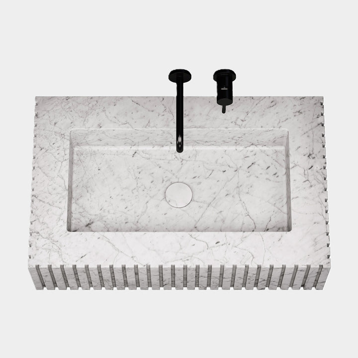Luca Ribbed Marble Basin - White Carrara - Medium - Front View