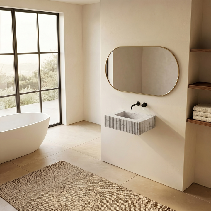 NORDST Luca ribbed marble basin in White Carrara marble - Small - Side View