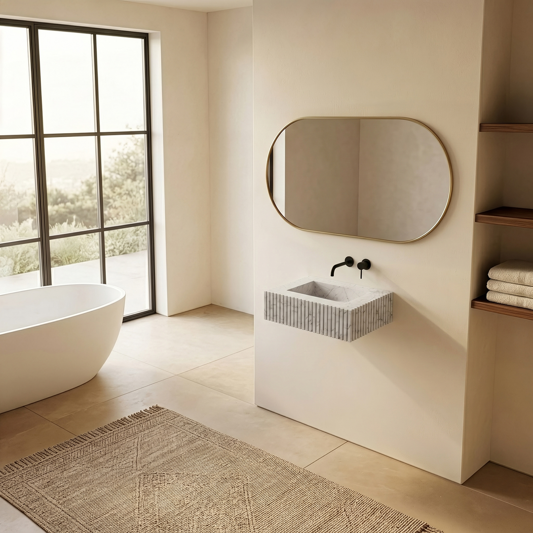 NORDST Luca ribbed marble basin in White Carrara marble - Small - Side View