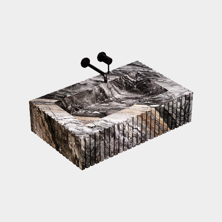 Luca Ribbed Marble Basin - Grey Galaxy - Medium - Side View
