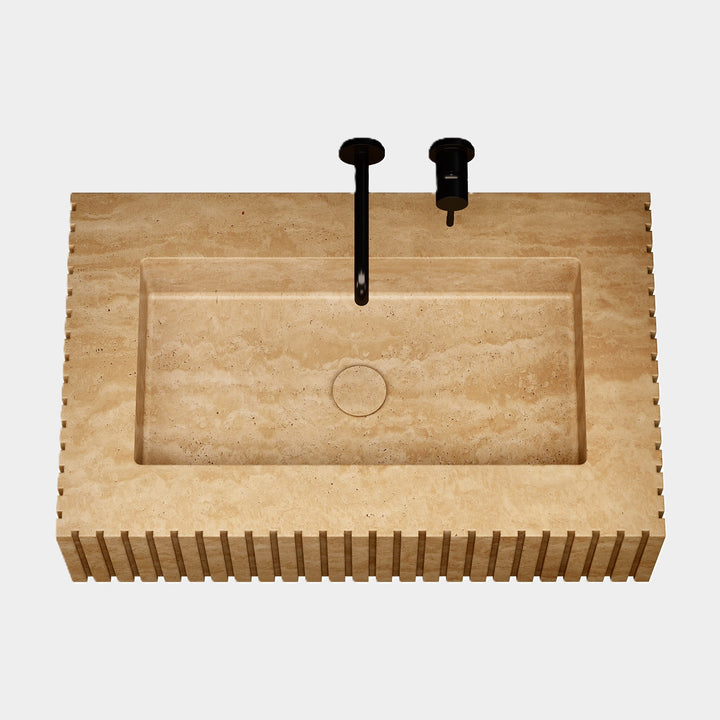 Luca Ribbed Marble Basin - Beige Travertine - Medium - Top View
