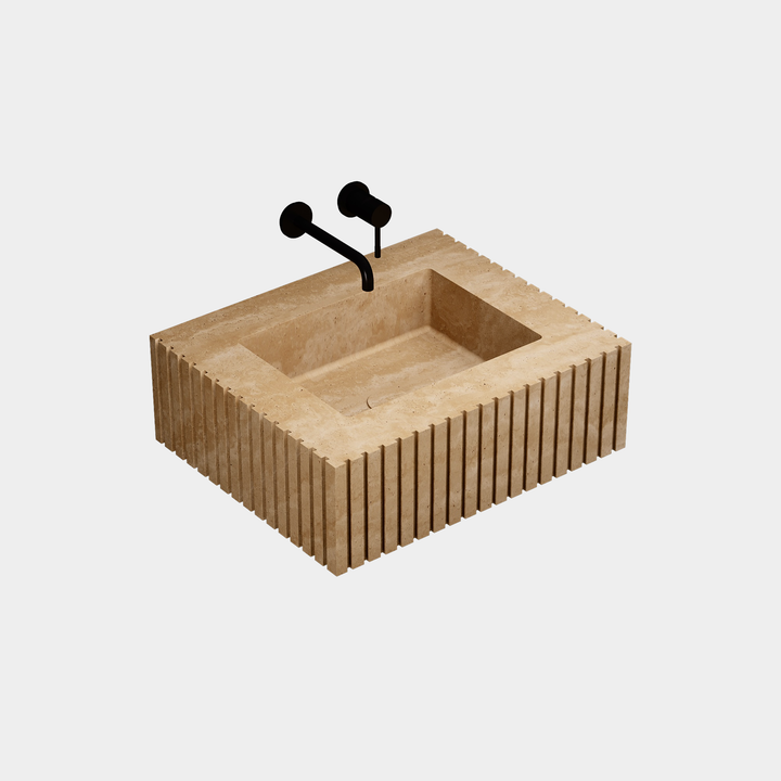 Luca Ribbed Marble Basin - Beige Travertine - Small - Side View