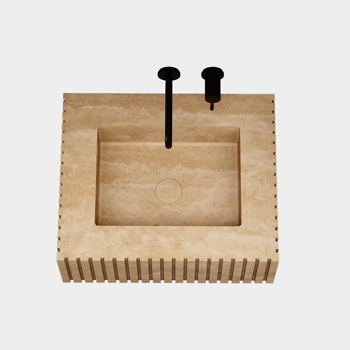 Luca Ribbed Marble Basin - Beige Travertine - Small - Top View