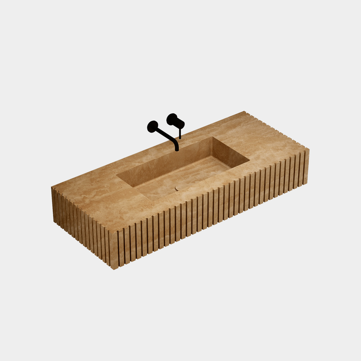 Luca Ribbed Marble Basin - Beige Travertine - Large - Side View
