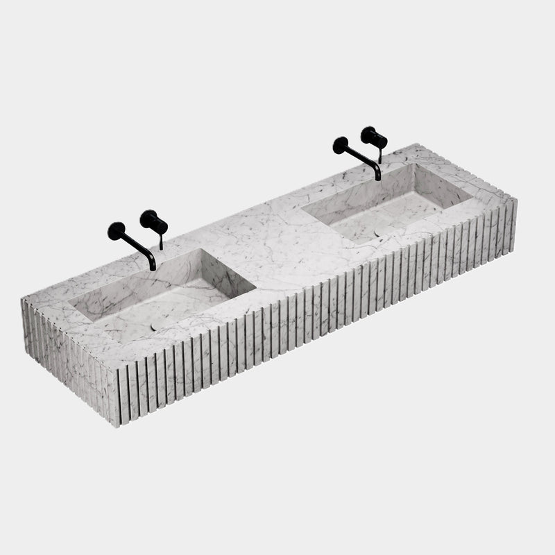 Luca - Ribbed Marble Double Basin - White Carrara